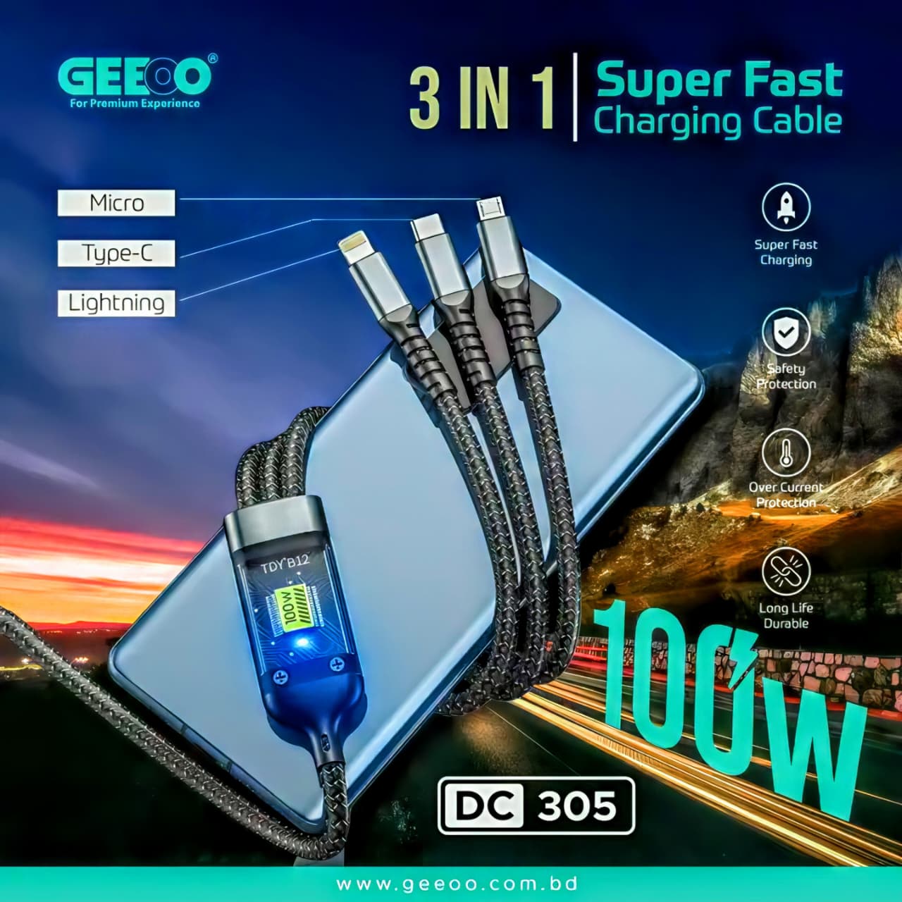Geeoo 100W   3 In 1 Cable