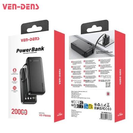 Ven-Dens VD-PB059 20000mAh Power Bank High-Capacity With 4 Built-in Cables