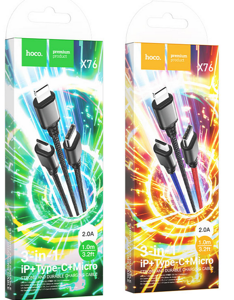 Hoco X76 3-in-1 Super Charging Cable(iP+Type-C+Micro)